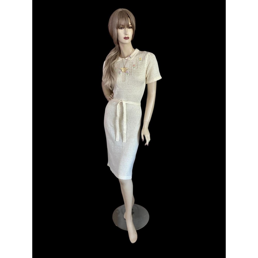 Vintage Knit Dress Cream Floral Embroidered Pointelle Cottagecore Small - Picture 3 of 10